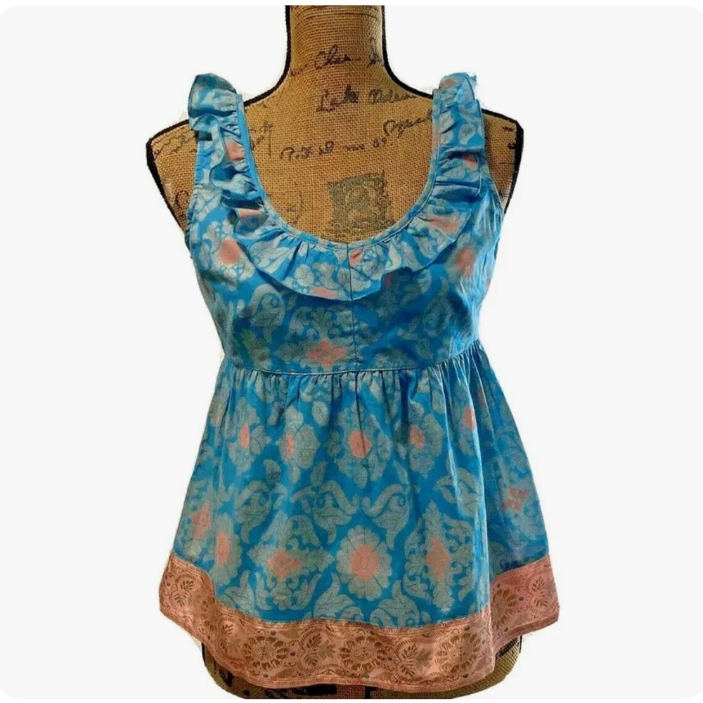 Edme & Esyllte for Anthropologie top size 4 all cotton aqua and pink ruffles